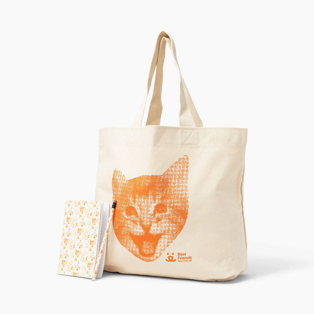 Tote with cat face and "Happy Cat" journal