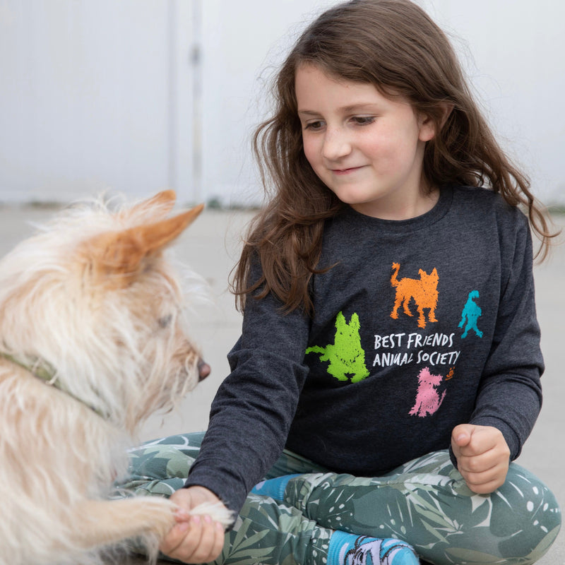 Kid in BFAS shirt shaking hands with a dog