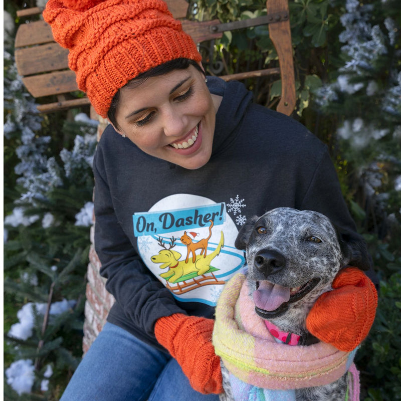 Person in sweatshirt petting a dog