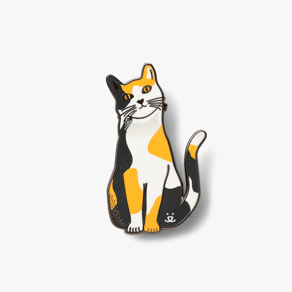 orange grey white calico cat pin with small best friends logo by tail