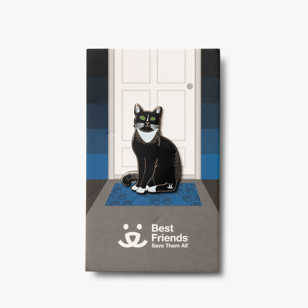 black tuxedo cat pin on paper card. card has white door front and blue rug with cat paws on itrug